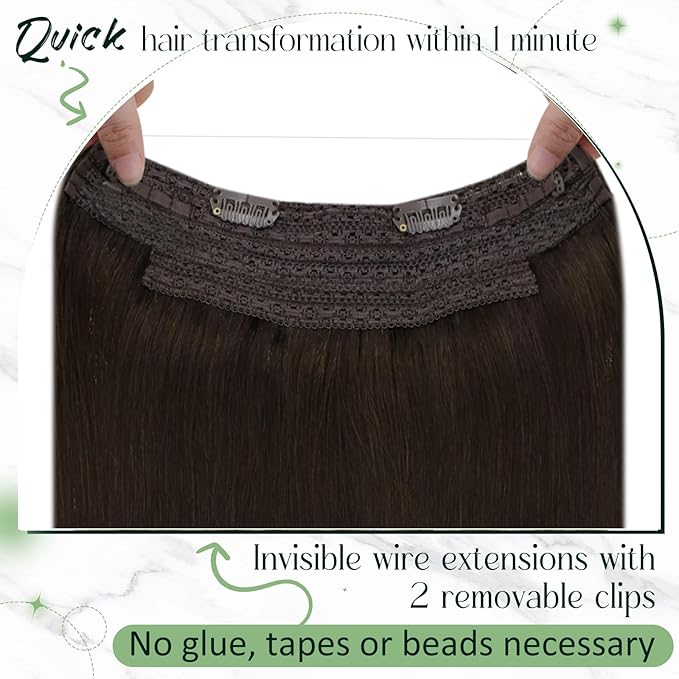 RUNATURE Invisible Wire Hair Extensions Real Human Hair 18 Inch, Wire Hair Extensions Brown One Piece 80g，Soft Silky Hair for Daily Wearing #2 Dark Brown
