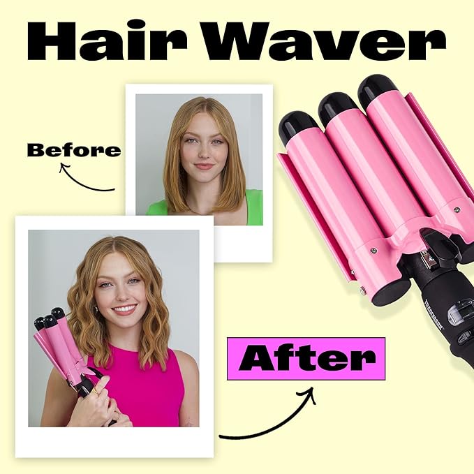 Trademark Beauty Three Barrel Hair Waver, Curling Iron, 1.25 Inch, Beach Waves, Adjustable Temperature Hair Curler, Babe Waves Jumbo - Pink