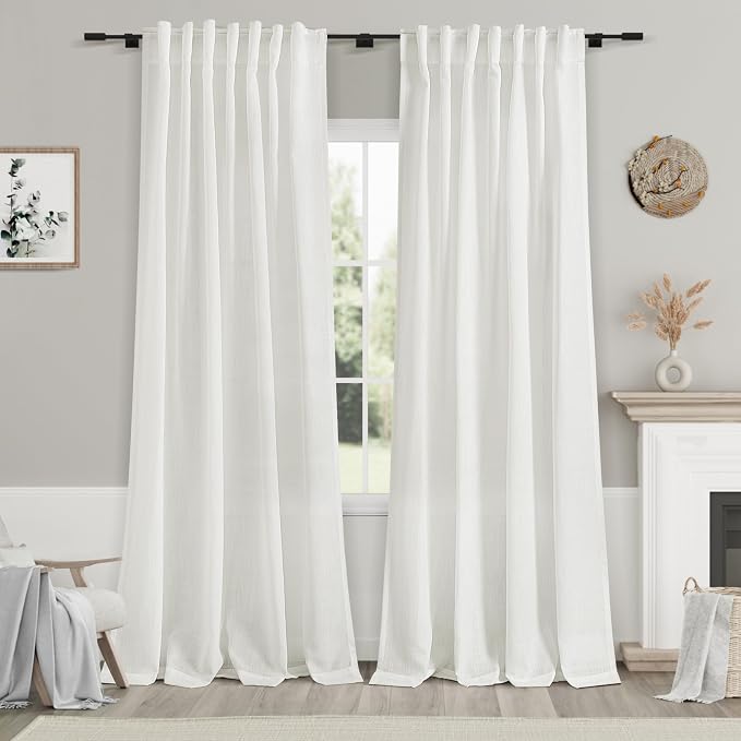 Ivory Linen Blend Light Filtering Curtains 86 Inch Length 2 Panel Set Pocket by Nanspring