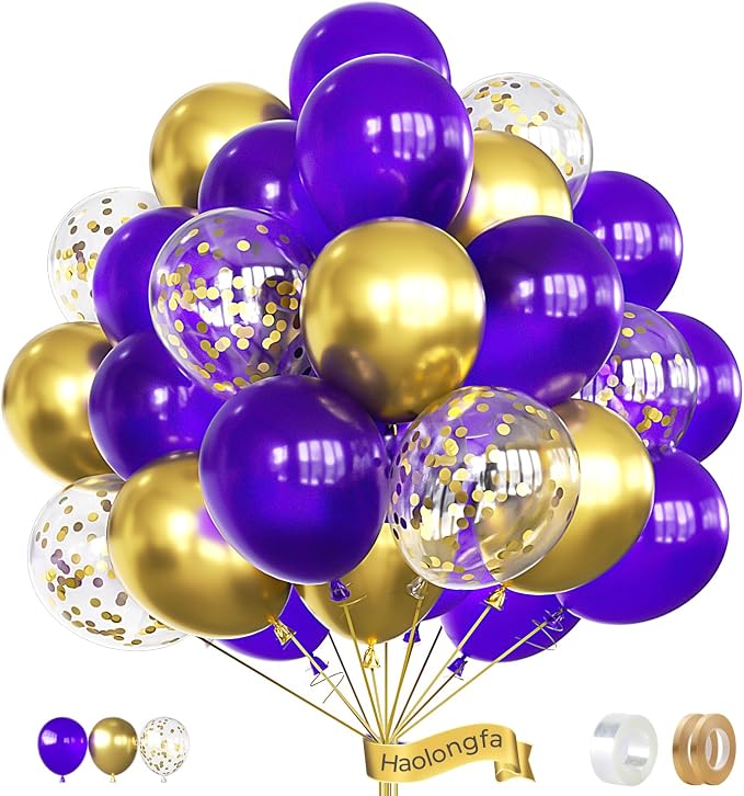 Purple and Gold Balloons, Birthday Party Decor | Dark Purple Metallic Gold & by Haolongfa