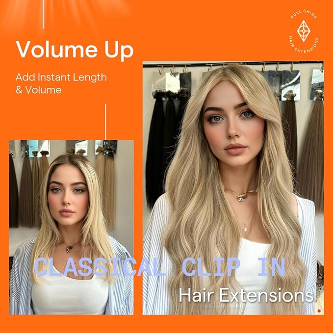 Full Shine Clip on Human Hair Extensions Blonde 14 Inch Hair Extensions Clip ins Real Human Hair Golden Blonde Highlights Light Blonde 120 G 7 Pcs