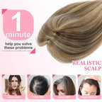 Hair Toppers for Women Real Human Hair Topper for Women with No Bangs Hairpieces Comfortable and Breathable 10 Inch Swiss Base 3D 360°Cover Glue-free (Medium Brown with Highlight)