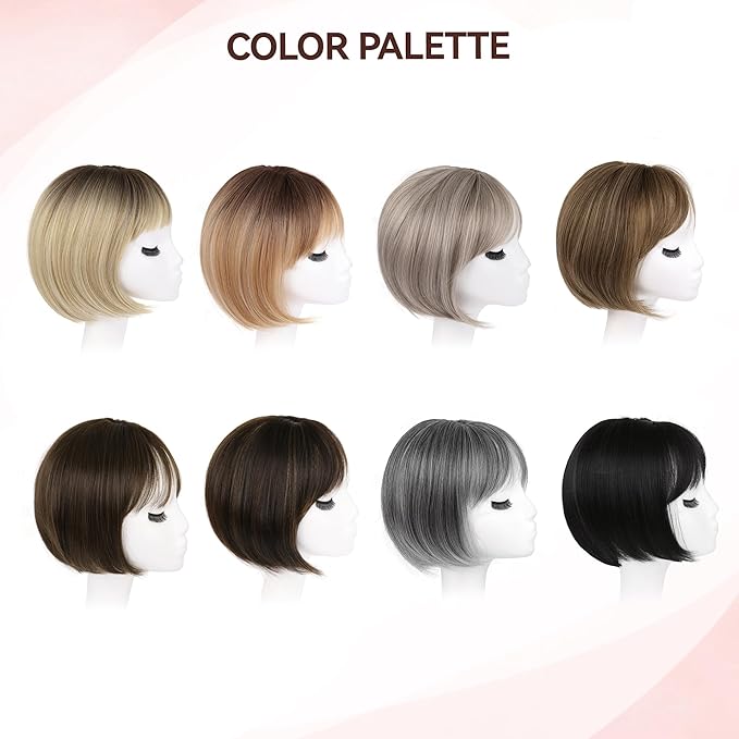 LEEONS Hair Toppers for Women with Bangs Short Bob Synthetic Pieces for Thinning Hair Side Part (Dark Brown with Highlights)