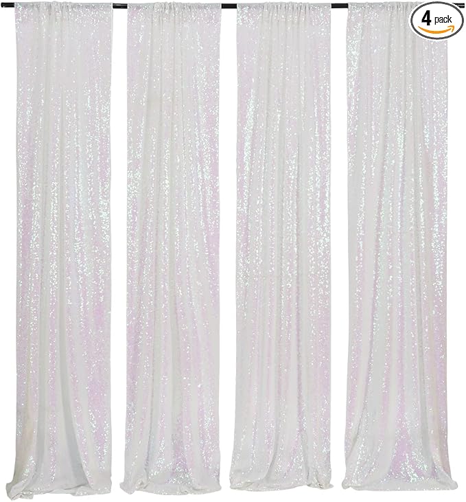 Poise3EHome White Iridescent Sequin Backdrop Curtains, 4 Panels 2FTx8FT Glitter by Poise3EHome