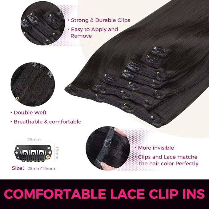 Lashey Yaki Straight Clip in Hair Extensions 7pcs 120g 16 Inch Seamless Clip in Hair Extension Natural Black Clip Ins Real Human Hair for Women