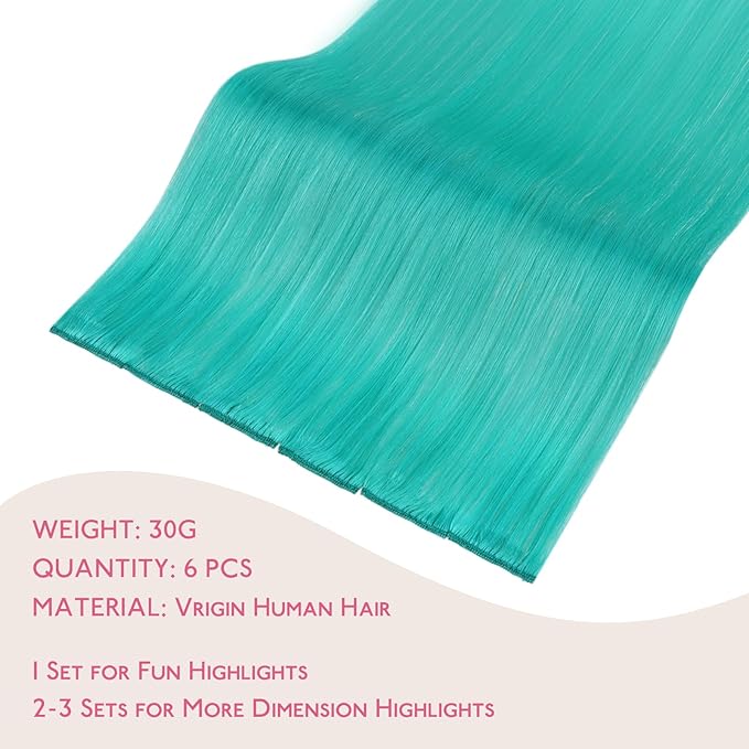 WENNALIFE Teal Green Clip in Hair Extensions Real Human Hair 35g 6pcs 16 Inch Colored Hair Extensions for Kids Women Colorful Hair Pieces Pop-up Style Straight Extensiones De Cabello Humano Con Clip