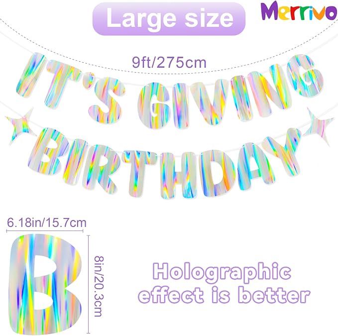 Iridescent It's Giving Birthday Banner, Pre-Strung Fun Birthday Decorations - Image 2