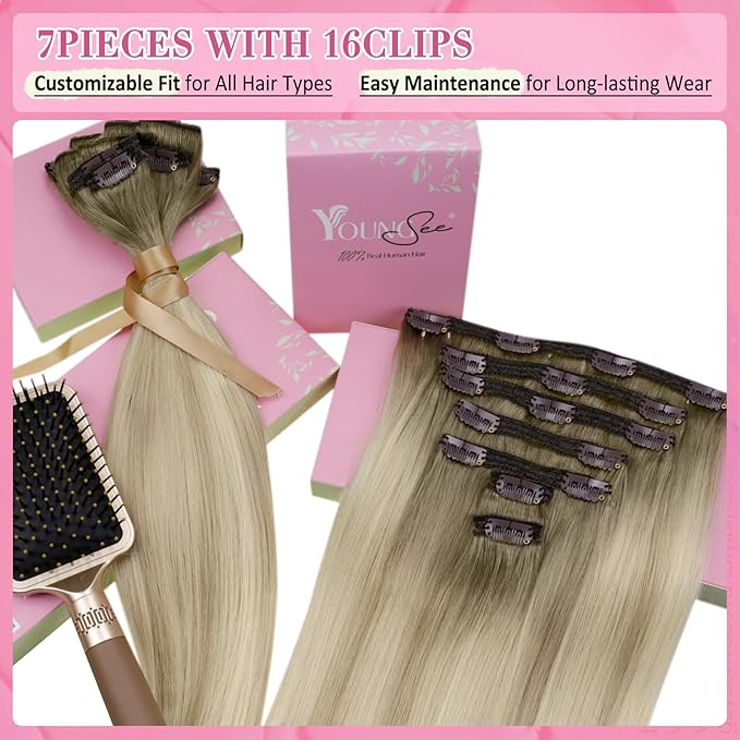 YoungSee Clip in Human Hair Extensions Ombre Ash Blonde to Platinum Blonde Balayage Clip in Hair Extensions Blonde Remy Human Hair Extension Clip ins for Women 7pcs 120g 16Inch