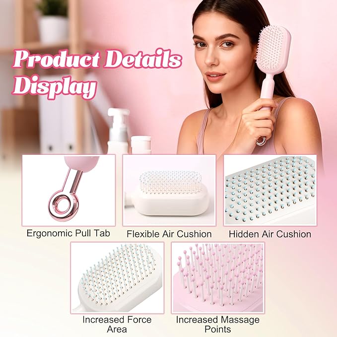 Retractable Cushion Massage Comb Brush, Anti-Static Easy-Clean Massage Comb,Air Cushion Massage comb,Smooth Clean Detangling Comb for All Hair Types(Pink)