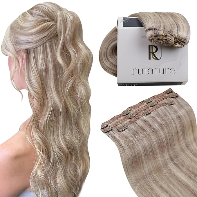 RUNATURE Clip in Hair Extensions Real Human Hair, Blonde Hair Extensions Clip Ins, Double Weft Human Hair Clip in Extensions, Remy Natural Hair, 16 Inch 50g 3pcs #19P60 Grey Blonde Highlights