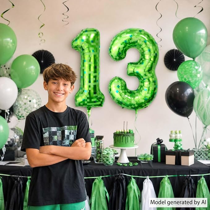 40 Inch Lime Green Pixel Number 13 Balloon, Official Teen Gamer Party Decor | - Image 2