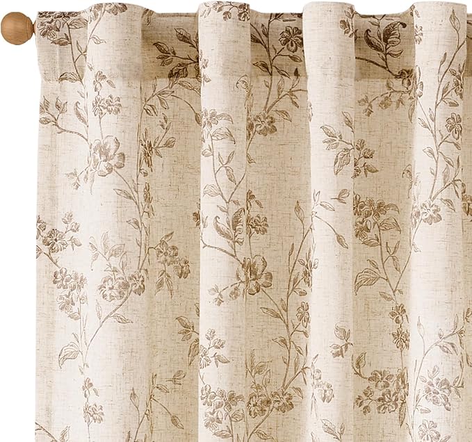 Extra Long Taupe Vintage Floral Linen Curtains Farmhouse 2 Panels | Elisa by Lazzzy