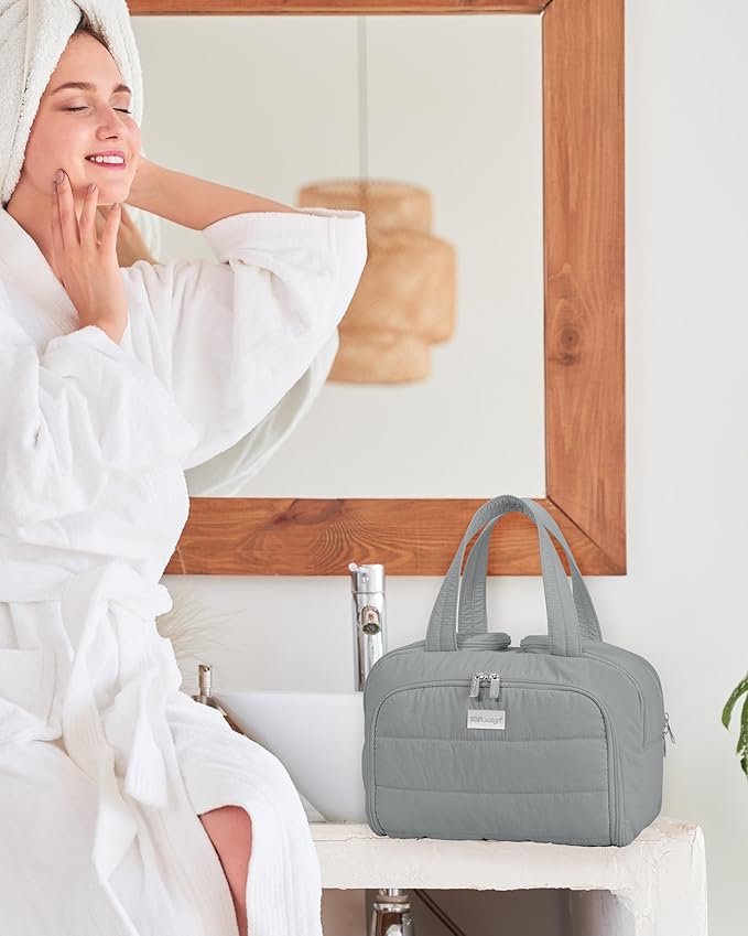 TOPDesign Travel Toiletry Bag for Women, Puffer Large Toiletry Bag, Lightweight Cosmetic Makeup Organizer with Handle for Traveling, Accessories, Essentials, Toiletries (Grey)