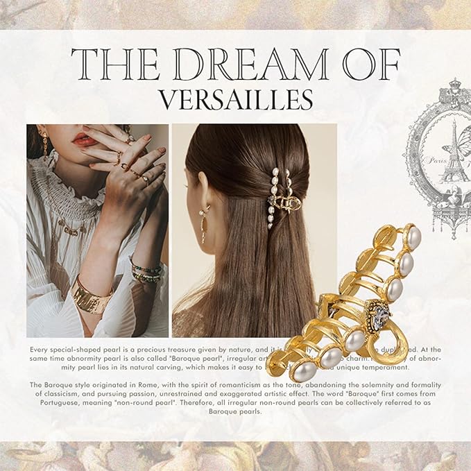 SHE'S FREE STYLE JUST FOR YOU Vintage Hair Claw Clip for women, Elegant Alloy Hair Clawwith Romantic Heart Design, Pearl details and 14K golden electroplating finish, Exquisite Hair Accessories