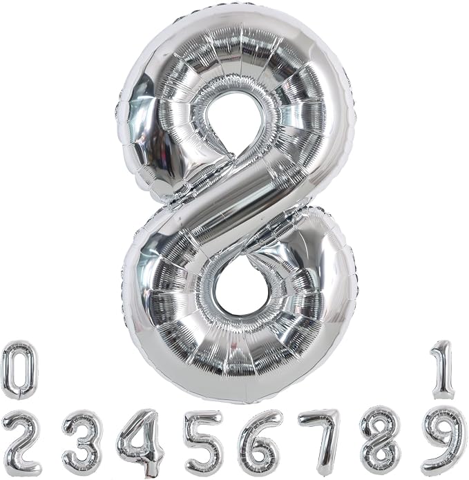 TONIFUL 40 Inch Silver Number 8 Balloon Large Foil 8th Birthday Decorations | by TONIFUL