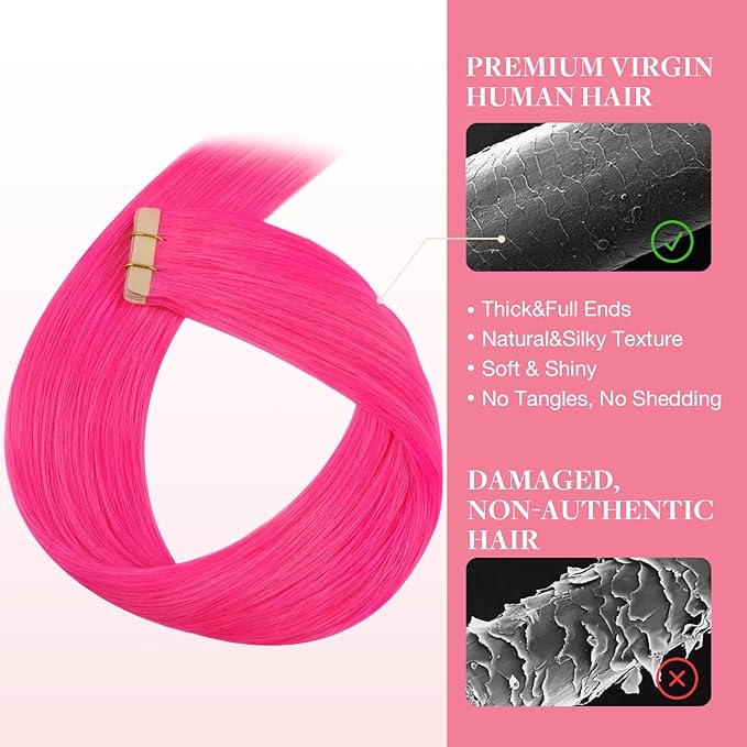 GOO GOO Tape in Hair Extensions Human Hair, Pink, 12inch 20g 10pcs, Colored Tape ins Human Hair Extensions, Silky&Soft Invisible Tape Ins, Hair Highlighted for Party