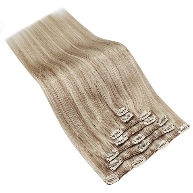 Ve Sunny Clip in Hair Extensions Real Human Hair Blonde Highlight Warm Color Remy Hair Clip on Hair Extensions for Women Short 5pcs 80g 12 inch