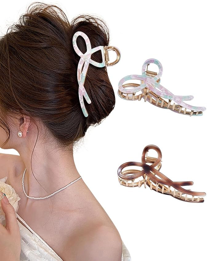 ACECHA 2 Pack Gold Metal Bow Hair Claw Clips for Women, 4.5" Colorful Non-slip Hairclips for Thick Thin Hair Claws Strong Hold Styling (B-Colorful & Chocolate)
