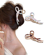 ACECHA 2 Pack Gold Metal Bow Hair Claw Clips for Women, 4.5" Colorful Non-slip Hairclips for Thick Thin Hair Claws Strong Hold Styling (B-Colorful & Chocolate)