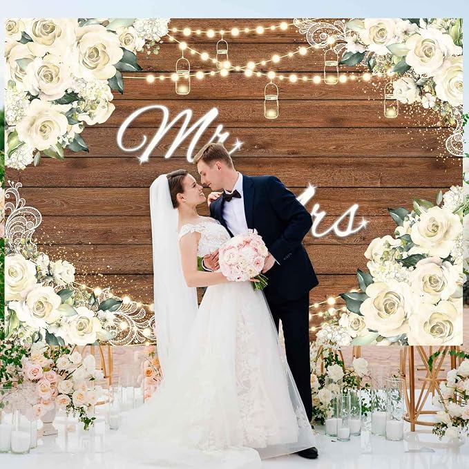 Mr and Mrs Wedding Backdrop for Engagement Party White Floral Rustic Wood - Image 3