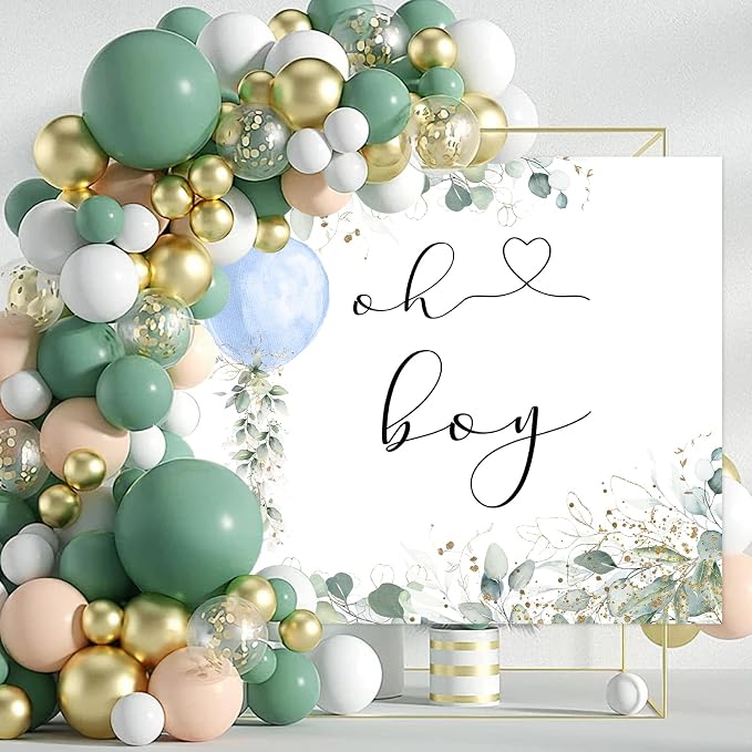 Mocsicka Oh Boy Watercolor Blue Balloon Backdrop Greenery Boy Baby Shower - Image 2