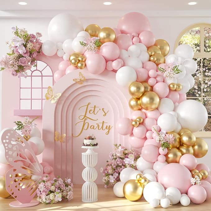 136pcs Pink and White Gold Balloon Arch Garland Kit by Leraqertra