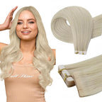 Full Shine Invisible Tape in Hair Extensions Blonde Machine Remy Tape in Extensions 22 Inch Straight Injection Real Human Hair for Women 10Pcs 25G