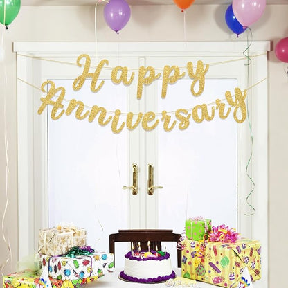 Happy Anniversary Banner Sign Gold Glitter Wedding Bunting Banner Flag Garland - Image 6