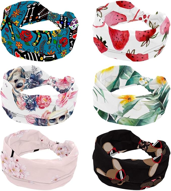 6 Pcs Stretchy Headbands for Women, Absorbed Sport Headband Soft Twist Knotted Headbands for Daily Life Yoga Workout, Dogs Collection Multi Animal