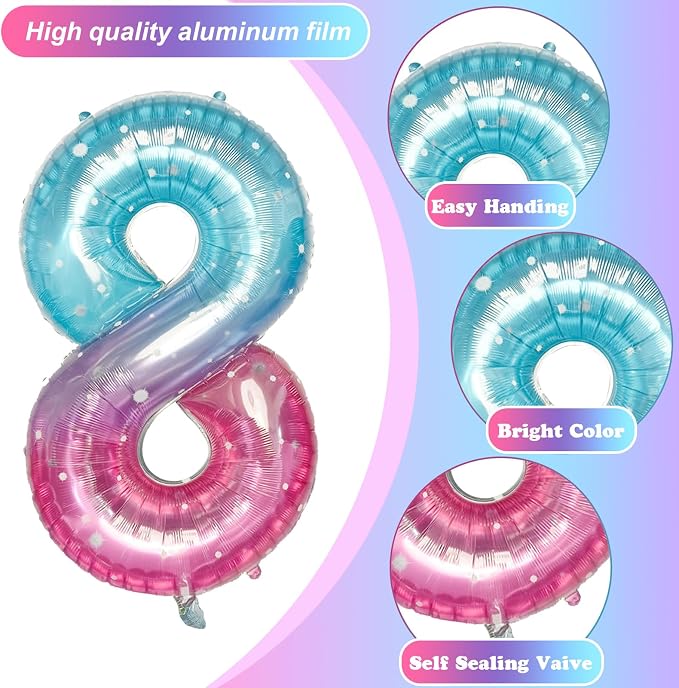 Purple Teal Number 8 Balloons, 40 Inch Giant Mermaid Starry Mylar Foil Number 8 - Image 9