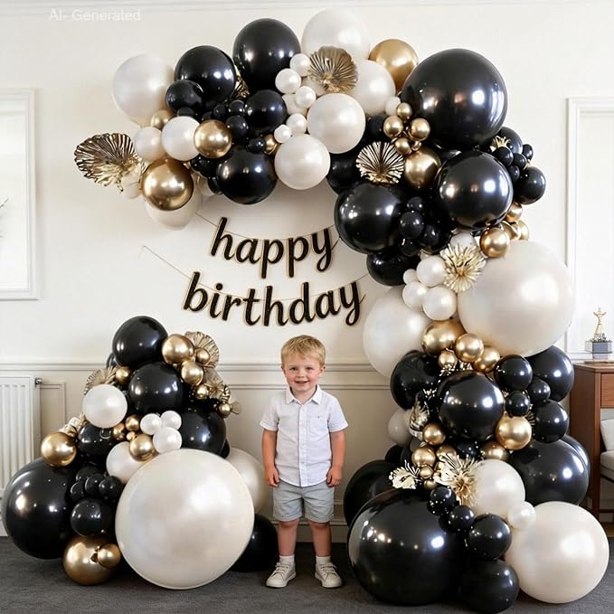 Black Gold White Balloons Arch Kit, Double Stuffed, Party. | Black, chrome gold - Image 6