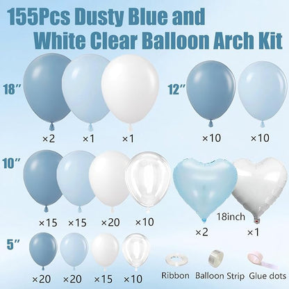 Dusty Blue Balloon Arch Kit 155Pcs Light Blue and White Clear Balloons - Image 3