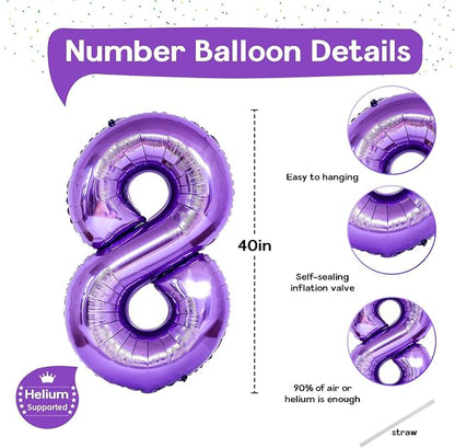 8th Birthday Number Balloons for Kids, Self Inflating 40 Inch Purple Foil 8 - Image 3