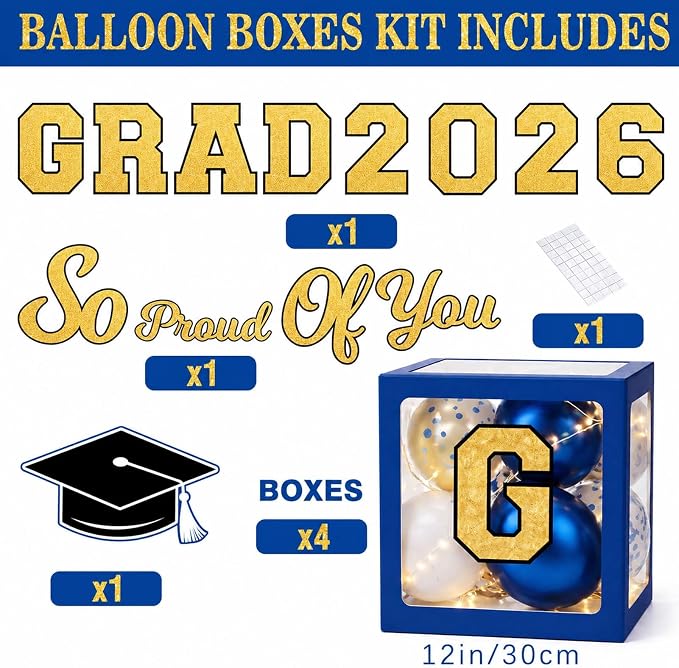 Graduation Decorations Class of 2026 Navy Blue and Gold Balloon Boxes - Image 2