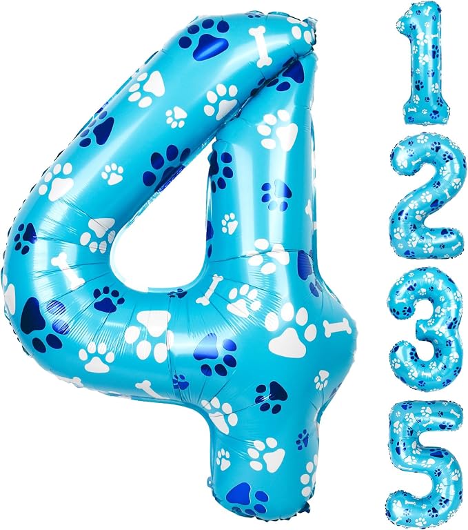 40 Inch Blue Dog Paw Birthday Balloons, Number 4 Balloons by AXBMM