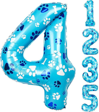 40 Inch Blue Dog Paw Birthday Balloons, Number 4 Balloons by AXBMM