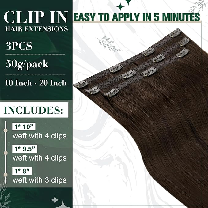 RUNATURE Brown Clip in Hair Extensions, Real Human Hair Clip in Extensions 20 Inch, Long Hair Extensions Clip Ins, Double Weft Remy Natural Hair, Add Hair Length, 50g 3pcs #2 Dark Brown