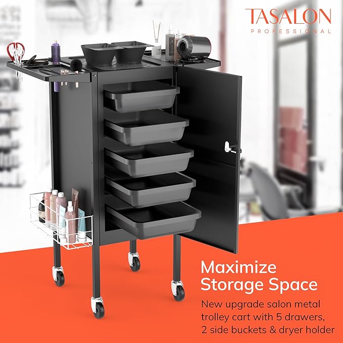 TASALON New Upgrade Salon Metal Trolley Cart-Space Saving Rolling Beauty Cart for Extra Storage, Lockable 5 Trays, 2 Folding Tray Holders, 2 Metal Baskets- Hair for Hair Stylist Multipurpose