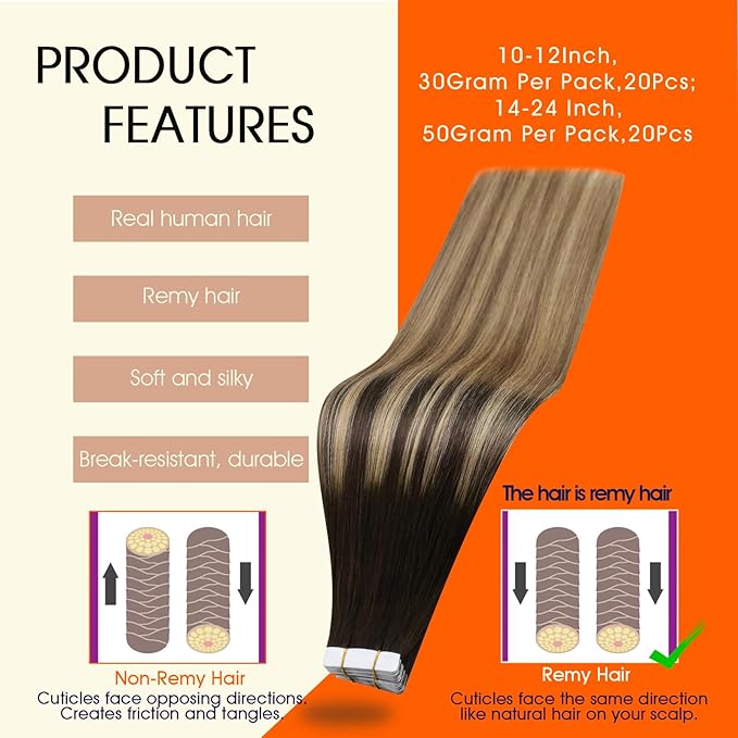 Full Shine Tape in Hair Extensions Real Human Hair Remy Hair Extensions Tape ins Balayage Color 4/27/60/8 Brown And Blonde Tape Hair Extension 14Inch Seamless Invisible Straight Hair 50G 20Pcs