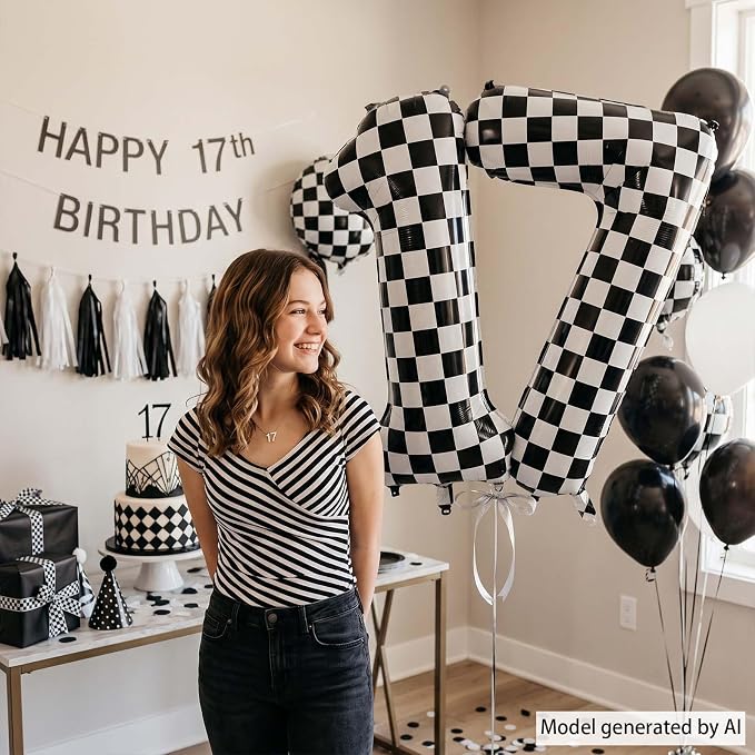 40 Inch Checkered Number 17 Balloon, Giant Foil Birthday Party Decor | 40" - Image 2