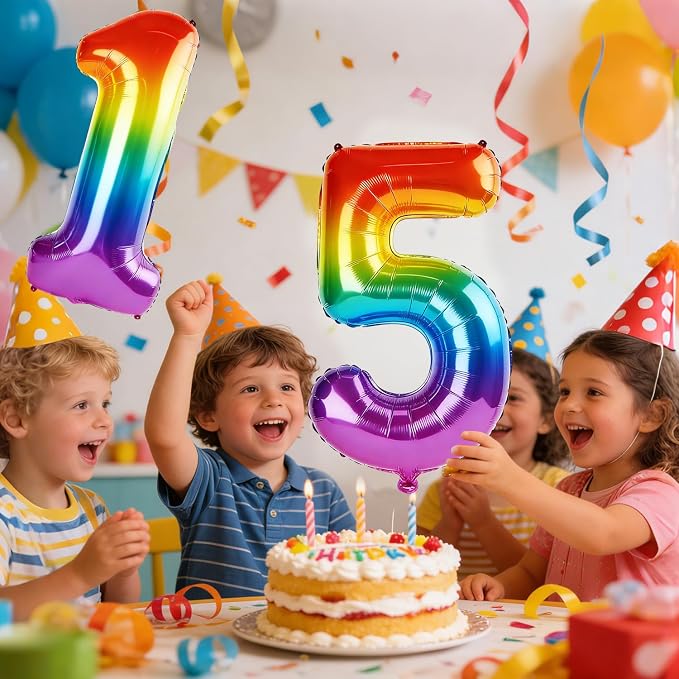 40 Inch Number 15 Balloons for 15th Birthday Party Decorations, 0-100 Rainbow - Image 2