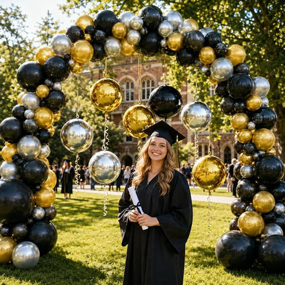 Black and Gold Round Foil Balloons, 22 Inch 4D Sphere Metallic Balloons - Image 4