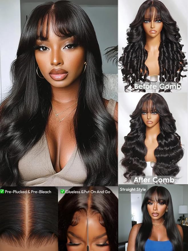 KLAIYI Fluffy Body Wave Curtain Bang Wig Bye Bye Knots Glueless Pre Cut 7x5 Lace Front Wigs Human Hair Loose Wave Pre Bleached Pre Plucked Pre Everything 3S Easy to Wear and Go Wig 180% Density 22Inch