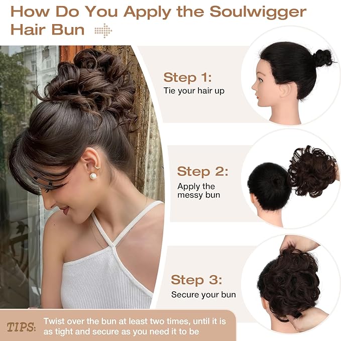 Messy Bun Hair Piece Wavy Curly Scrunchies Fluffy Donut Thick Updo Elegant Chignon Hairpieces for Women Girls, Dark Brown Mix White 1.4oz