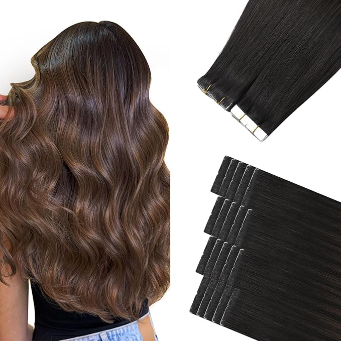 Sindra Invisi Edge Tape in Hair Extensions Human Hair, 20 Inch 55g 20pcs Natural Black to Medium Brown Invisible Extensions Natural Straight Seamless Injected Tape Ins