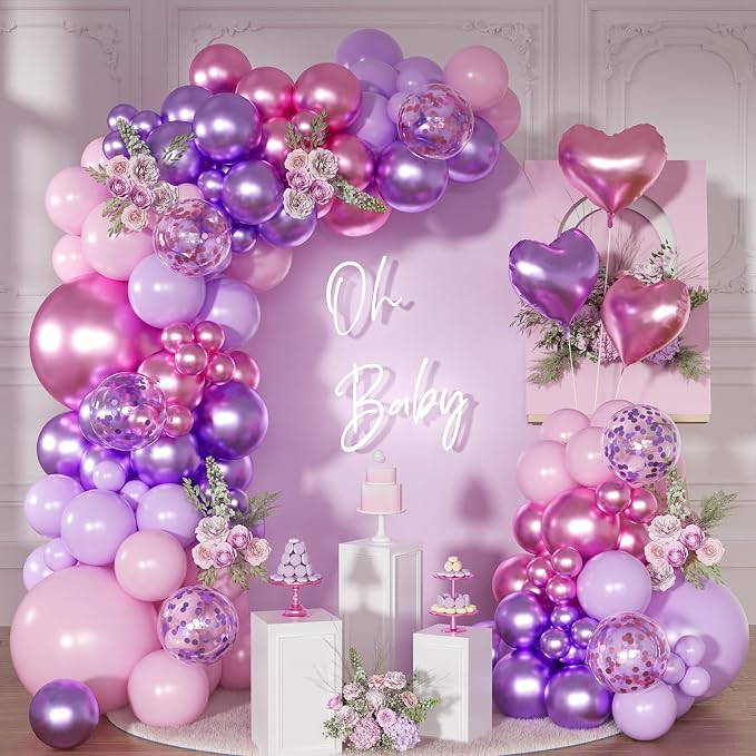 Pink Purple Balloon Garland Arch Kit, Metallic Purple Balloons | 126Pcs Rose by NUTTYBASH
