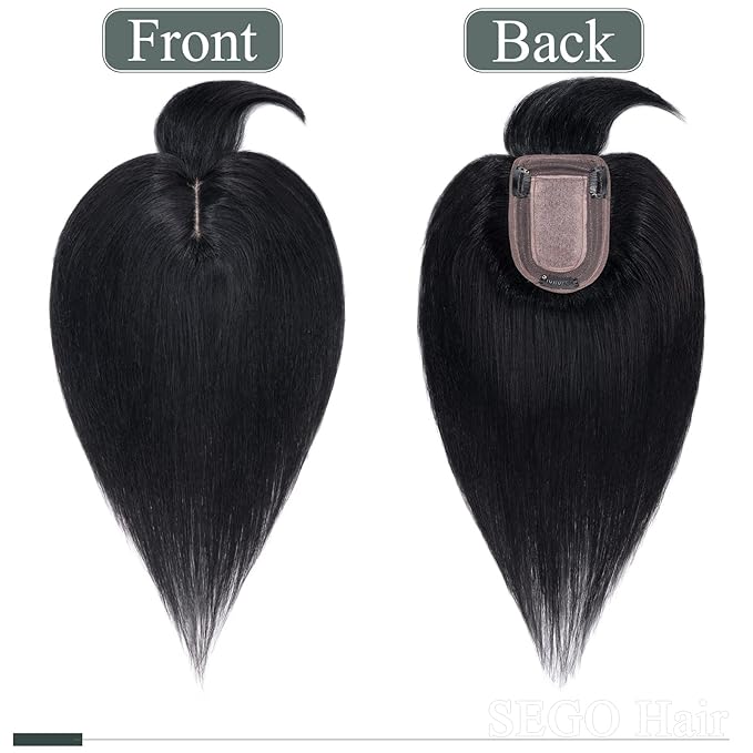 SEGO Hair Toppers for Women Real Human Hair with Thinning Hair, Toppers Hair Pieces Clip in Toppers Straight Hair Pieces with Front Bangs 150% Density Silk Base -6 Inch #1 Jet Black