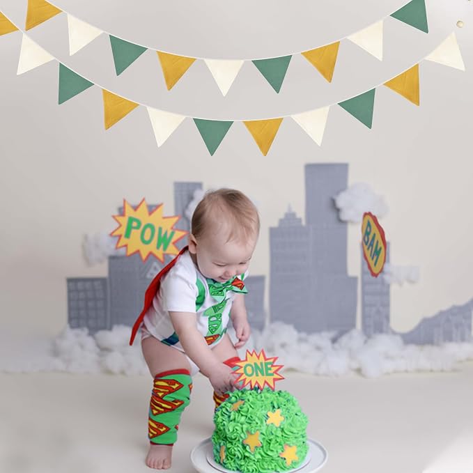 2 Sets of Yellow Green Nursery Garland Fabric Baby Banner 24Pcs Linen Triangle - Image 7