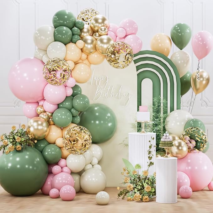PartyWoo Pink and Green Balloon Arch Kit 142pcs Baby Pink Green Balloons | by PartyWoo