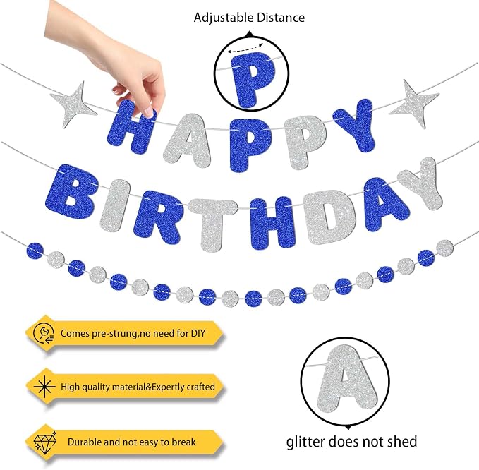 Royal Blue and Silver Happy Birthday Banner-Happy Birthday Decorations - Image 3